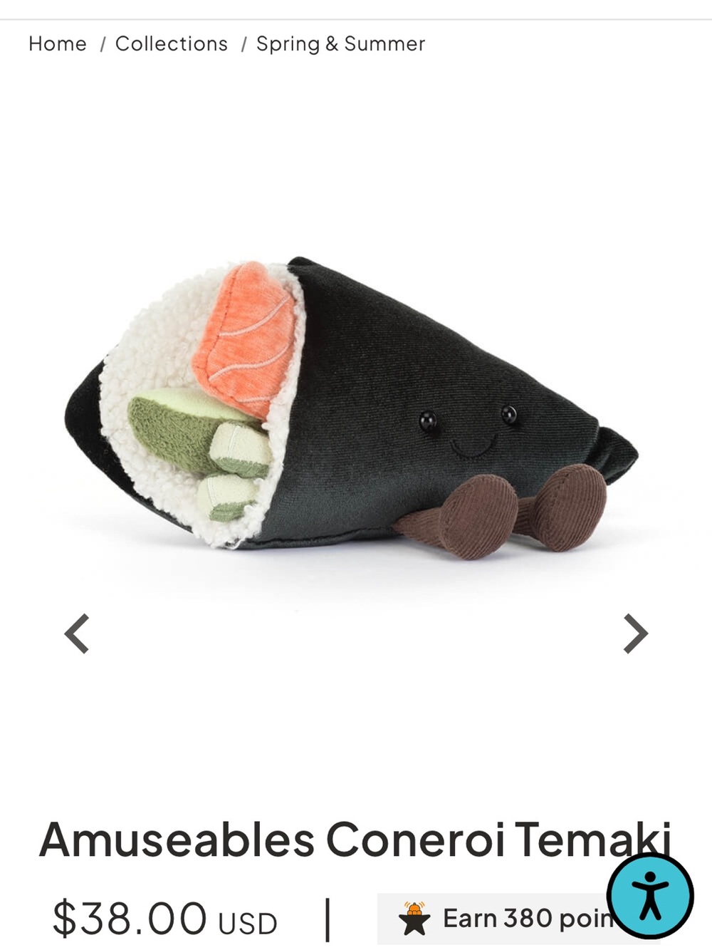 Jellycat Black Temaki Sushi Plush NWT with Orange & Green Filling